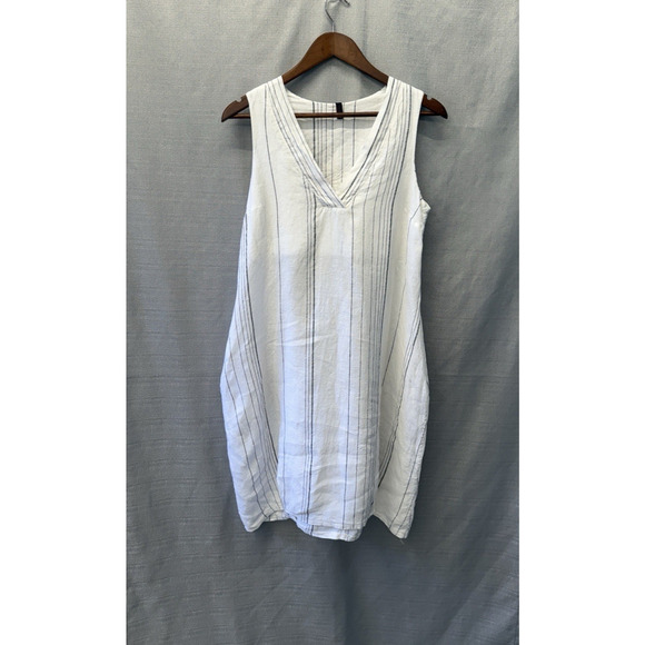 Inizio Midi Dress Womens Size L Italian 100% Linen White Stripe Beachy Coastal - Picture 1 of 7